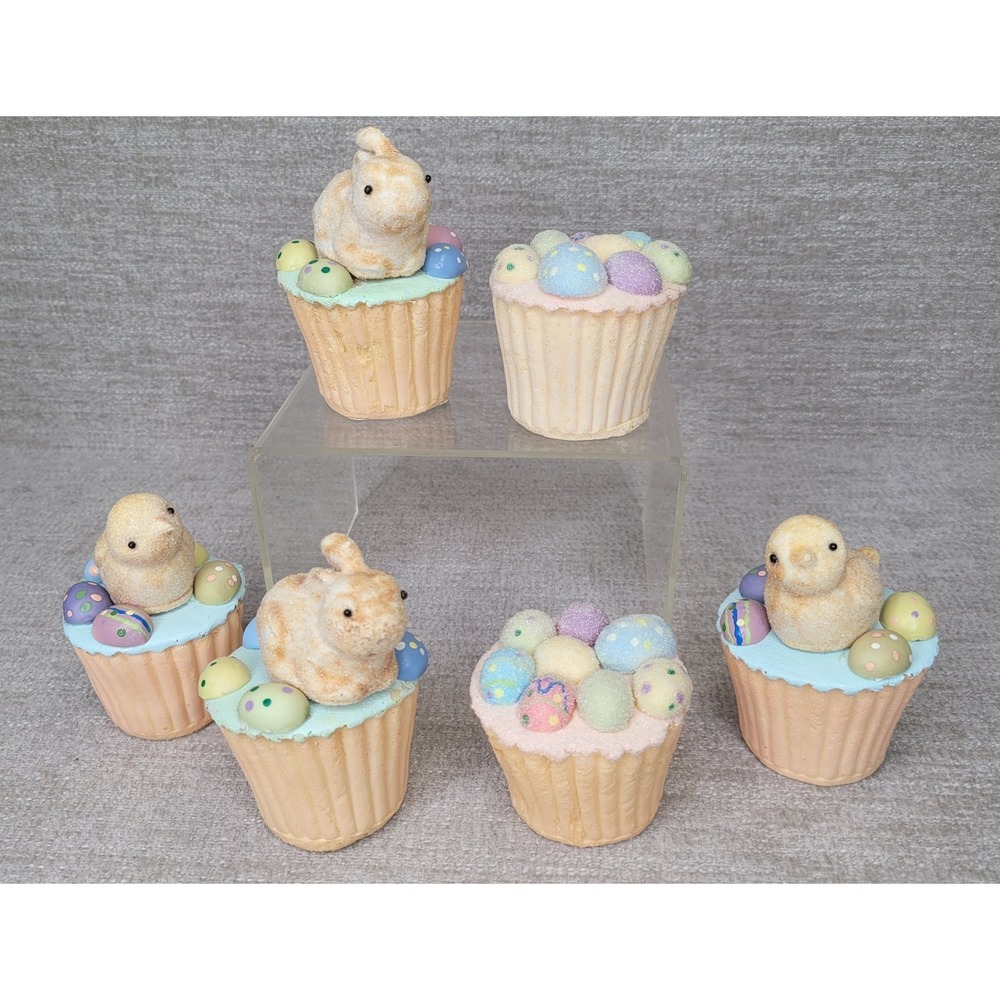 Set of 6 Decorative Faux Fake Cupcakes Spongy Easter Spring Decor Chicks Bunny‎